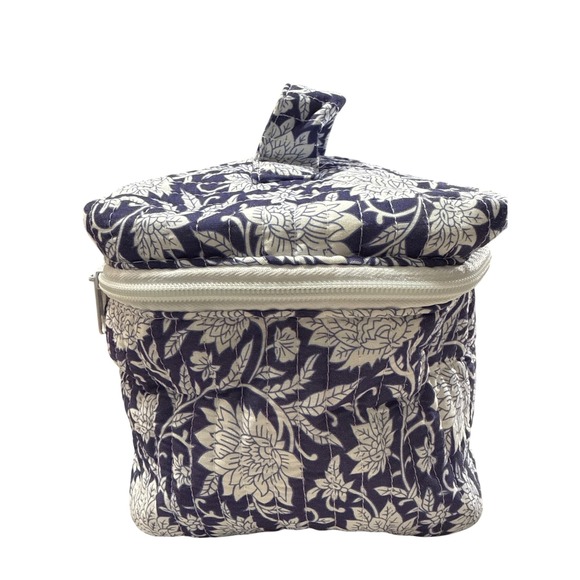 Floral Quilted Cosmetic Bag Travel Makeup Organizer with Handle Navy - Picture 2 of 9